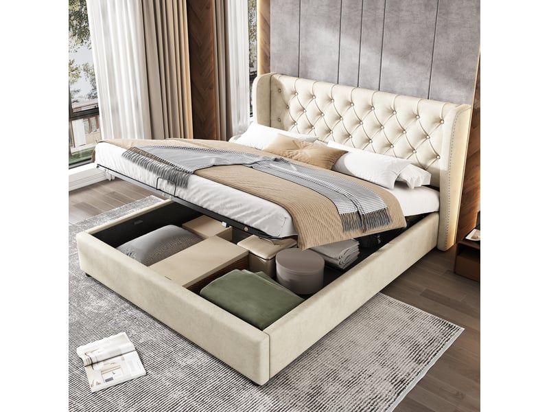  Lit coffre rembourré 140 x 200 cm en velours beige, tête de lit à oreilles capitonnée, sommier à lattes 28985960AAC - Conforama D