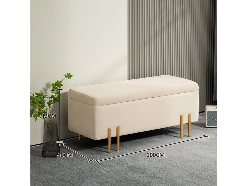  Banc coffre 100x40x42 cm, rangement spacieux, structure bois, pieds en métal, polyvalent, pour chambre et salon, beige  - Conforama C
