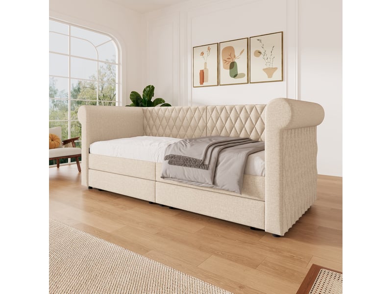  Modenvie lit banquette 90x200 cm - avec 2 tiroirs de rangement en tissu lin, sans matelas - beige  - Conforama E