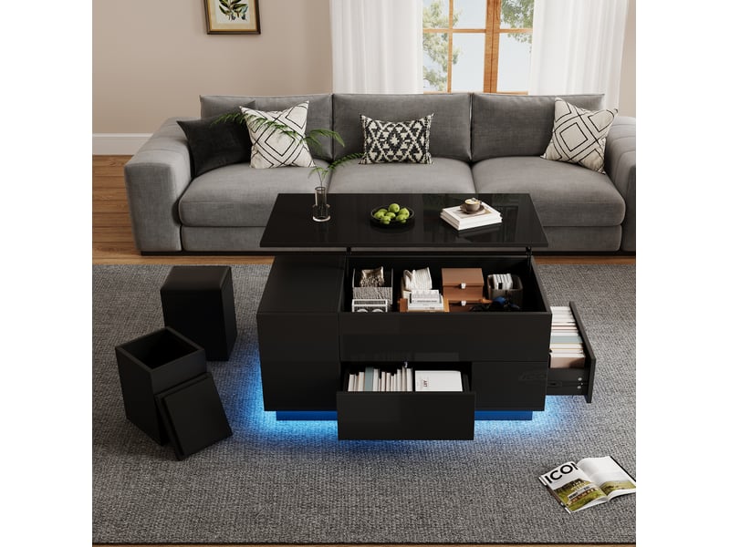  Table basse relevable 4en1 100x50x45-59 cm rangement led 2 tiroirs 2tabourets laqué panneau particules noir  - Conforama R