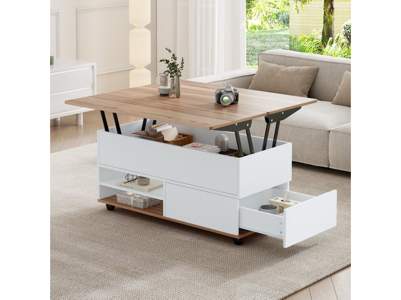  Table basse relevable blanche et bois 100x98 cm, table de salon avec rangement caché et roulettes  - Conforama E