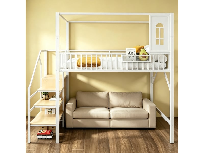  Lit mezzanine 140x200 cm en métal blanc avec escalier et rangement  - Conforama E