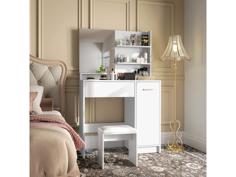  Coiffeuse blanche avec miroir et tabouret rembourré, 1 tiroir, 1 placard et 3 étagères ouvertes, 80 x 40 x 132 cm  - Conforama B