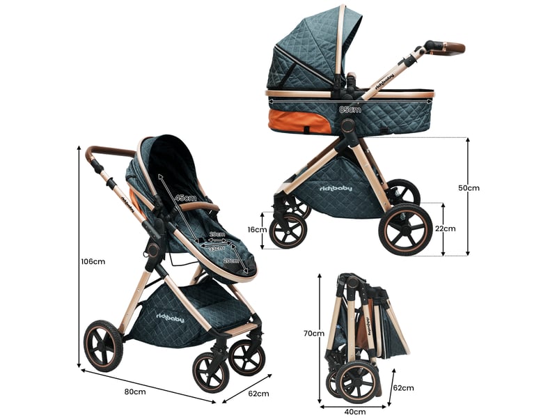 Poussette combinée 2 en 1 pour nouveau-né 80 x 62 x 106 cm antique blue en métal, nacelle réversible et pliage à une main - Conforama C