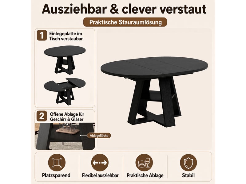  Table à manger extensible ronde 110150 x 100 cm, 4 à 6 personnes, rangements et étagères, effet bois noir Bliss Lite - Conforama D