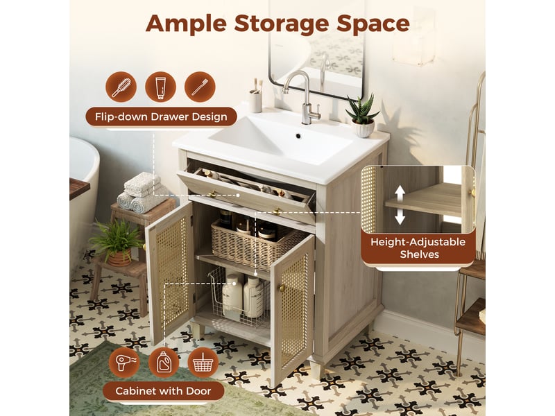  Meuble sous-vasque avec vasque céramique, 2 portes en rotin, 61 x 47 x 87 cm N888P47329394D - Conforama D