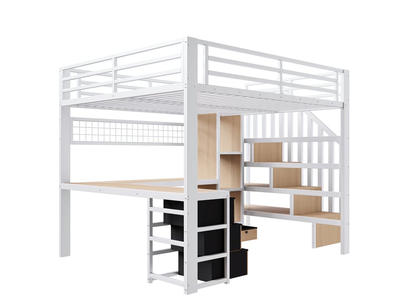 Lit mezzanine métal blanc 140x200 cm avec bureau led tiroirs rangement escalier - Conforama D