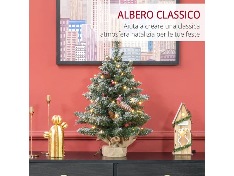  Mini sapin de noël 60 cm avec lumières intégrées, 86 branches, pommes de pin, baies rouges, socle en béton, vert  - Conforama D
