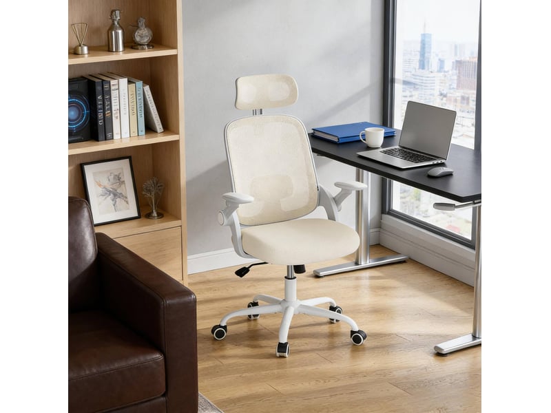  Chaise de bureau ergonomique beige à dossier haut, appui-tête et accoudoirs réglables, confort au travail  - Conforama B