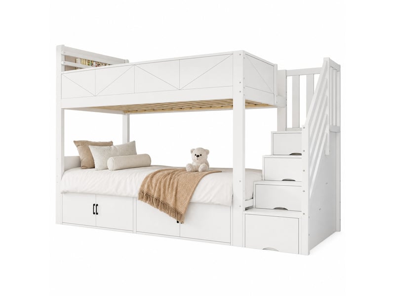  Lit superposé 90 × 200 cm avec escalier de rangement, placards sous lit et garde-corps haut, blanc, 254 × 95 × 189 cm  - Conforama A