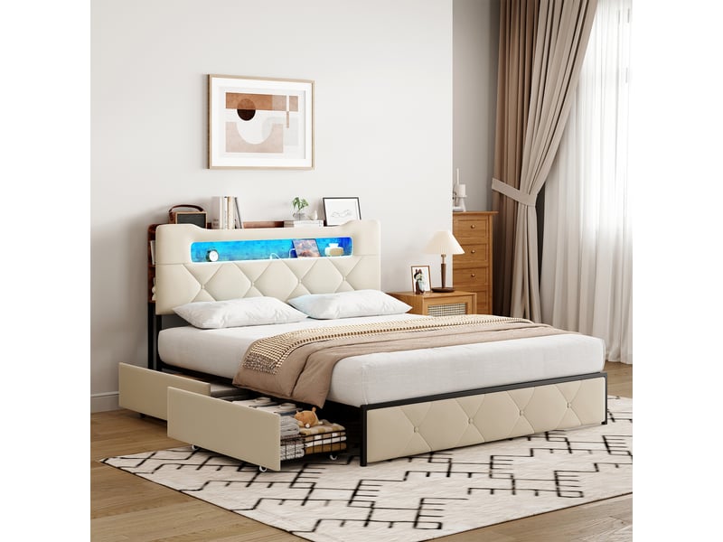  Lit 140x190, pocketpop, tête capitonnée led, 4 tiroirs, 2 usb + type-c, sommier à lattes, velours beige  - Conforama C