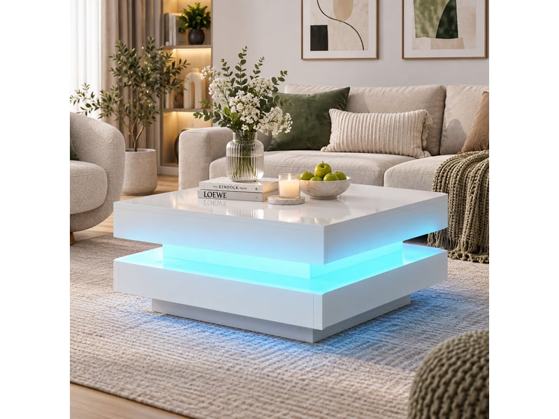  Table basse carrée blanc brillant 70x70x36 cm，avec plateau pivotant 360° et led, style moderne  - Conforama D