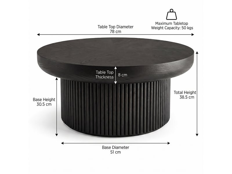  Table basse ronde avec base cylindrique cannelée et plateau épais, style moderne, pour salon, en bois d'ingénierie, noir  - Conforama D