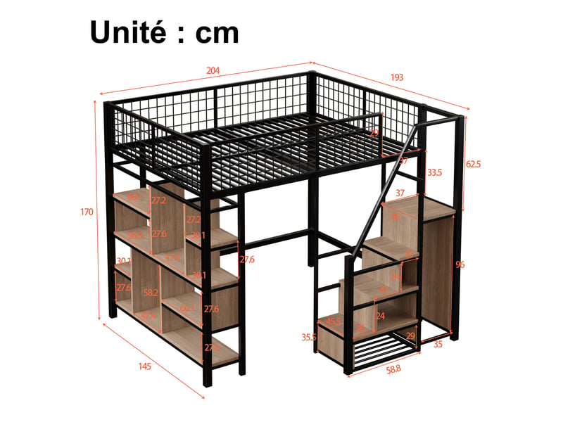  Lit mezzanine 140x200 cm métal pour adulte et ado avec escalier et rangements, design moderne en mdf + contreplaqué - noir  - Conforama C