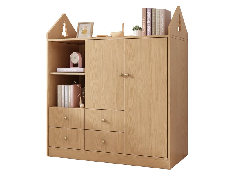 Armoire enfant 100x48x131 cm design maison avec 2 portes et 4 tiroirs, garde-robe avec niche ouverte, tablette supérieure et tringle, effet chêne Seren Glow - Conforama A