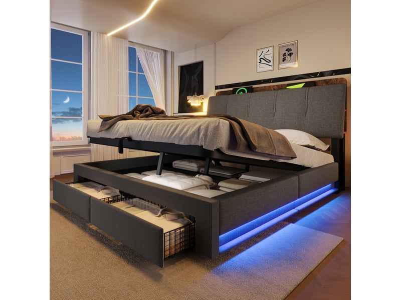  Lit coffre 140x200 cm avec led et tiroirs, usb et type-c coloris gris  - Conforama E