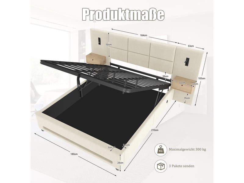  Lit rembourré 160x200, avec tête velours, tiroirs, led, usb-c, coffre hydraulique, structure métallique, beige  - Conforama C