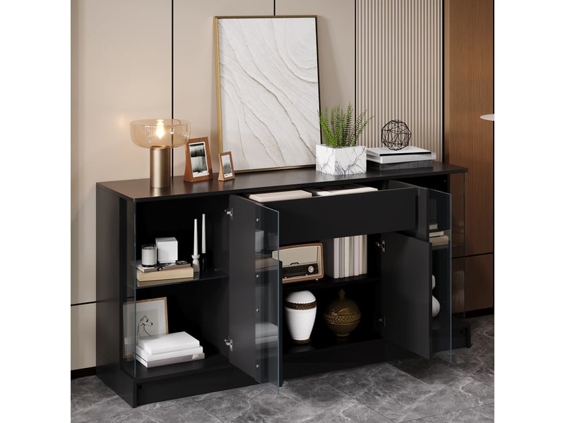  Buffet l150 x p40 x h75 cm en panneaux de particules avec vitrines et éclairage led noir chicfurn  - Conforama B