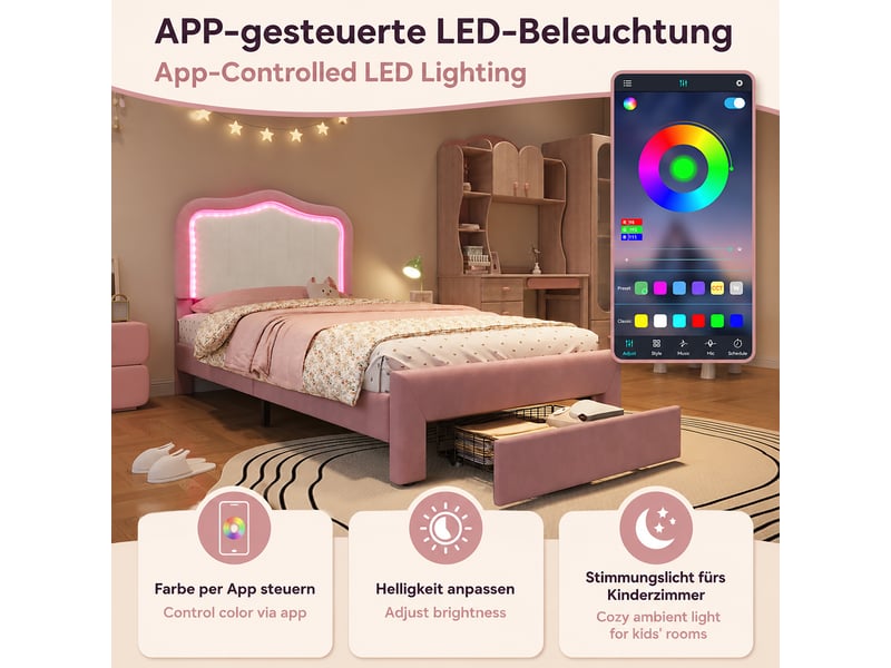  Lit enfant 90 × 200 cm 1 place avec tiroir, éclairage led commandé par application, sans matelas, en velours rose  - Conforama E