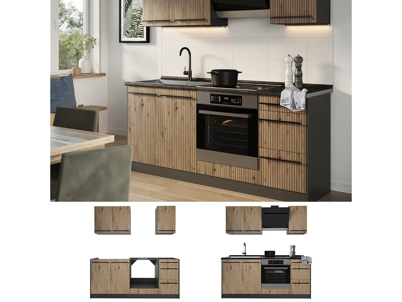  Vicco cuisine, chêne artisananthracite, 180cm plan de travail marbre  - Conforama D