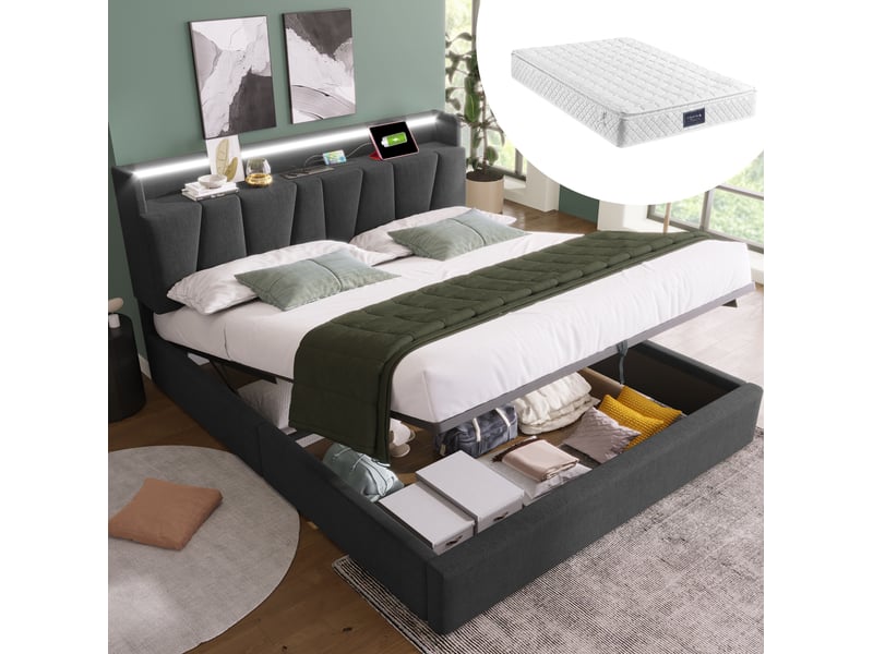  Lit coffre tcqpz 140 x 200 cm avec tête de lit de rangement usb type-c led gris lin  - Conforama B