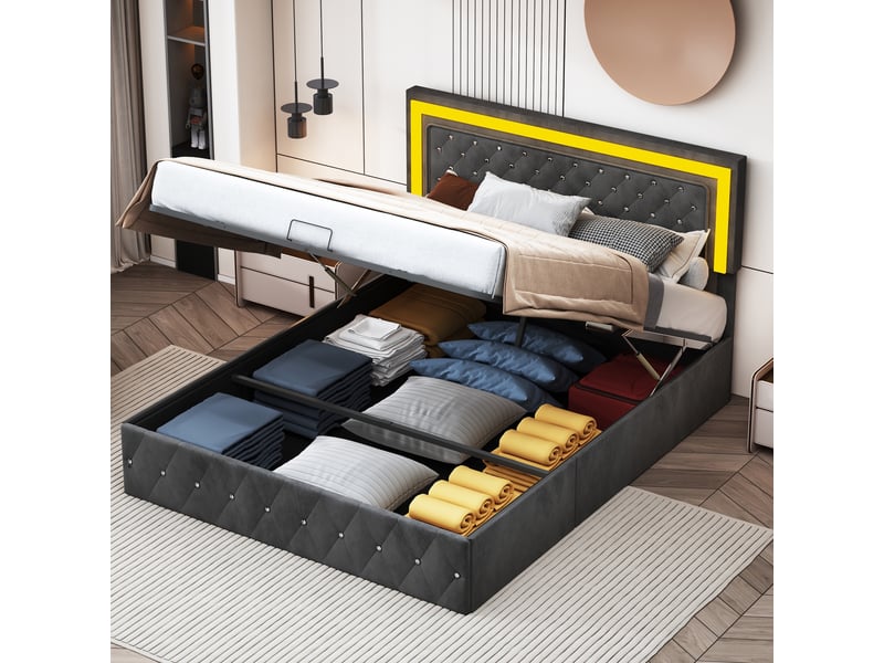 Lit coffre 160x200cm - lit double 160x200 capitonné en velours rangements avec éclairage led - noir - Conforama D