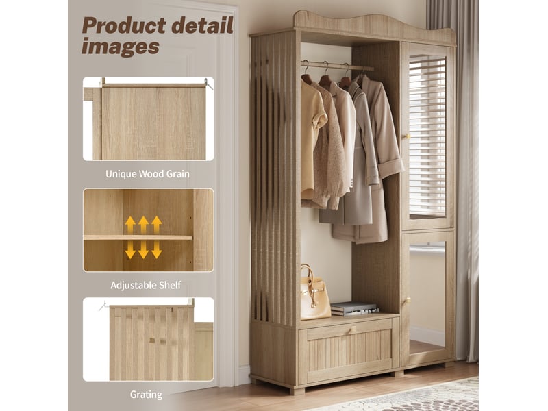 Armoire ouverte avec miroir, 2 portes, tiroirs et penderie à fermeture silencieuse pour chambre, mdf couleur chêne - Conforama E