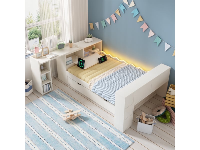  Lit fonctionnel enfant 90x200 cm blanc avec lit gigogne, bureau extractible, led et prises usb, rangements  - Conforama D