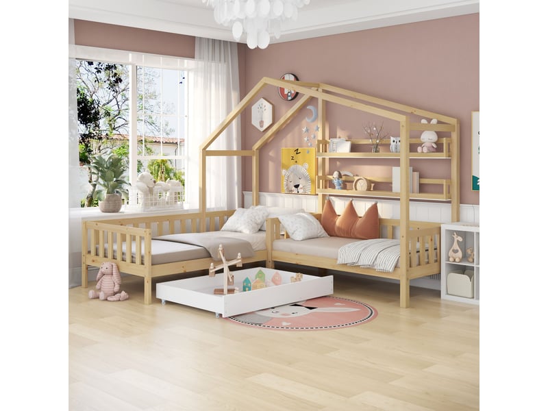  Lit cabane enfant 90x200 cm en bois massif avec tiroir et étagères, structure en l, naturel  - Conforama B