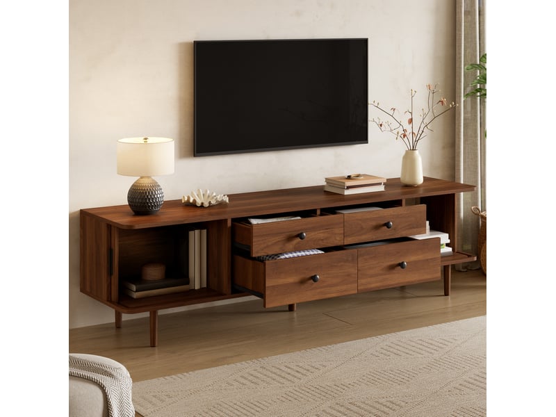  Meuble tv avec 4 tiroirs et 2 portes coulissantes, grand rangement en mdf noyer foncé pour salon 165 × 40 × 46 cm  - Conforama E