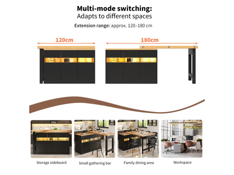  Table de bar extensible avec éclairage led et rotation à 360°,îlot de cuisine avec espace de rangement, 120-180x40x71,5cm, mdf, noir  - Conforama E