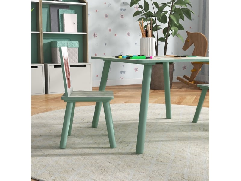  Table et 2 chaises pour enfants, ensemble pour enfants avec 1 table et 2 chaises, motif félins mignon, ensemble pour enfants 3-8 ans, vert  - Conforama B