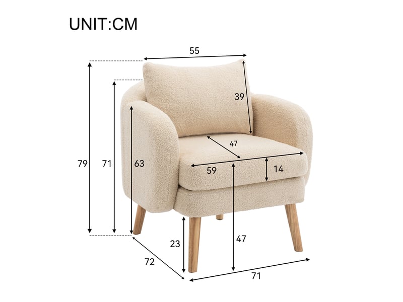  Fauteuil salon moderne en velours teddy beige, coussin amovible, structure bois massif, assise confortable pour intérieur  - Conforama C