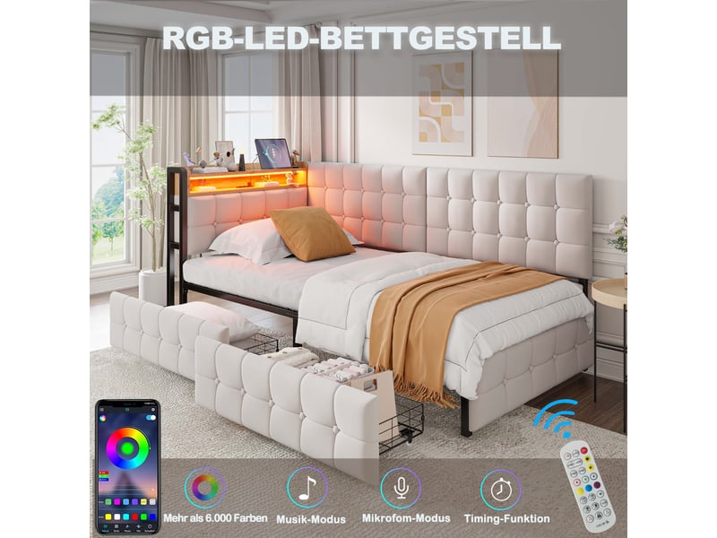  Canapé-lit 90x200 cm avec 2 tiroirs, led et ports usb-c, velours beige, sans matelas  - Conforama E