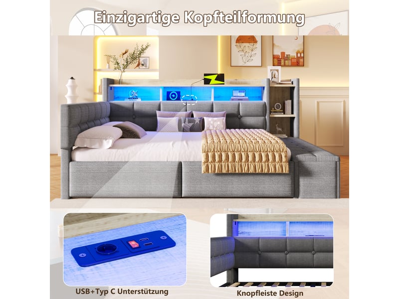 Lit de jour canapé-lit, 140 × 190 cm, gris foncé, velours, 2 tiroirs, banquette coffre, rangements, led, usb + type-c - Conforama C
