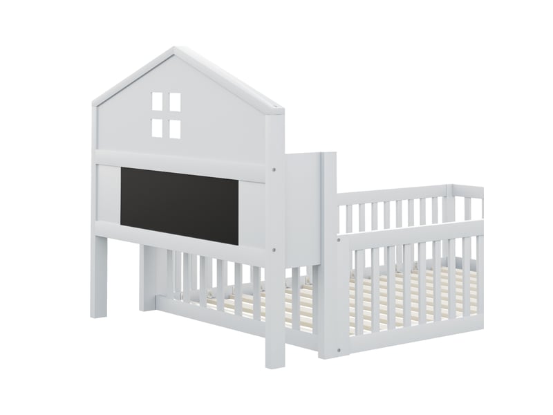  Lit enfant 90x200 cm avec étagère, tableau noir, garde-corps et sommier, forme de maison, bois blanc, sans matelas  - Conforama E