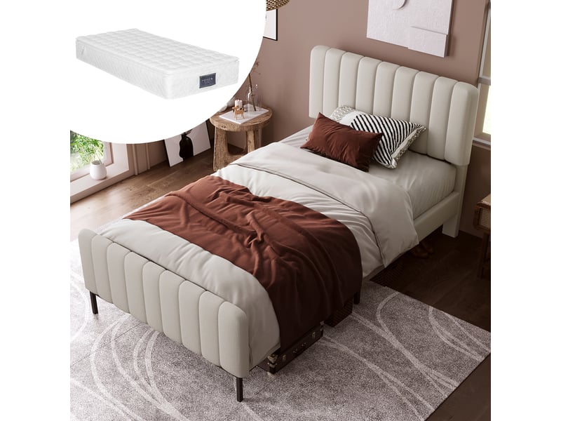  Lit 1 personne 90x200 cm avec matelas, structure de lit avec tête de lit réglable en lin, gris beige, lit enfant rembourré  - Conforama A