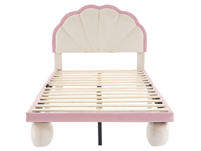  Lit enfant 90x200 cm avec tête de lit ondulée et led, velours blanc et rose  - Conforama A