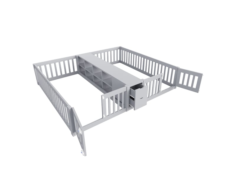  Lit double pour enfants 90x200 cm, lit jumeaux avec tiroir et étagère, cadre de lit au sol avec barrière de sécurité, bois gris.  - Conforama E