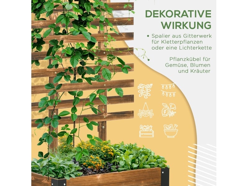 Jardinière surélevée avec treillis à roulettes, bois brun et métal noir, 65 x 31 x 147 cm pour vos plantes - Conforama E