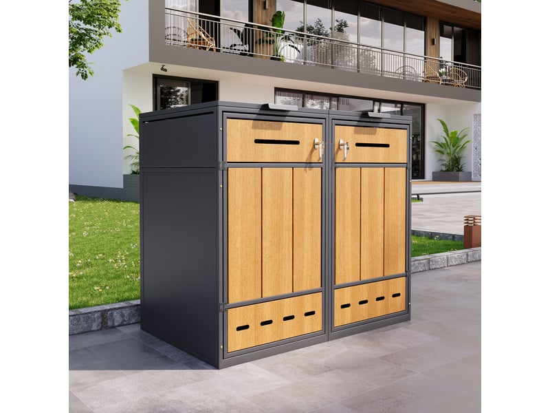  Abri poubelle double avec 2 compartiments, couvercle rabattable et portes avant - en acier gris effet bois  - Conforama C