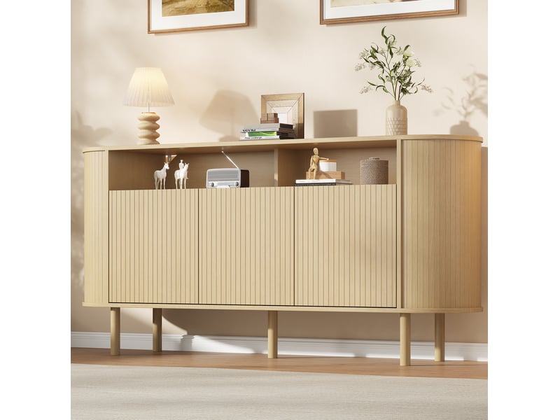  Buffet 160x40x78,5 cm 3 portes ondulées panneau de particules naturel  - Conforama C