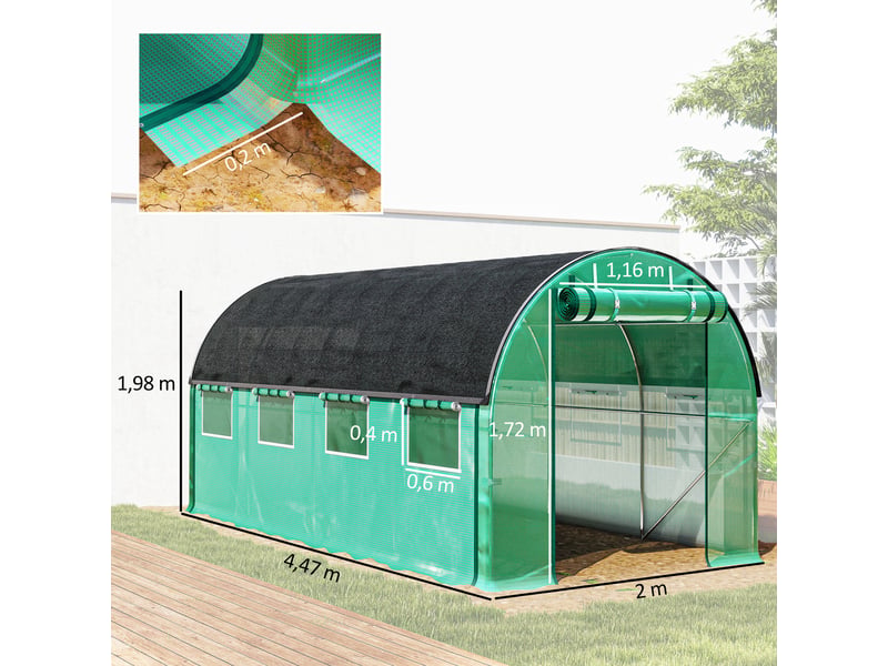 Serre tunnel 4,5 x 2 x 2 m avec bâche pe 140 gm², parois latérales enroulables, 8 fenêtres et 2 portes, couleur verte - Conforama E