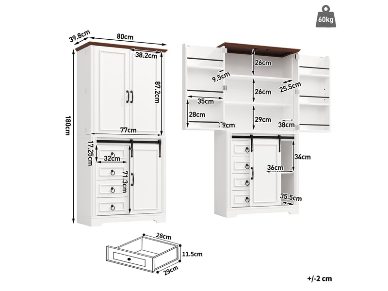 Meuble de cuisine muvano blanc, armoire avec étagères réglables, 4 tiroirs, 80 × 180 cm - Conforama W