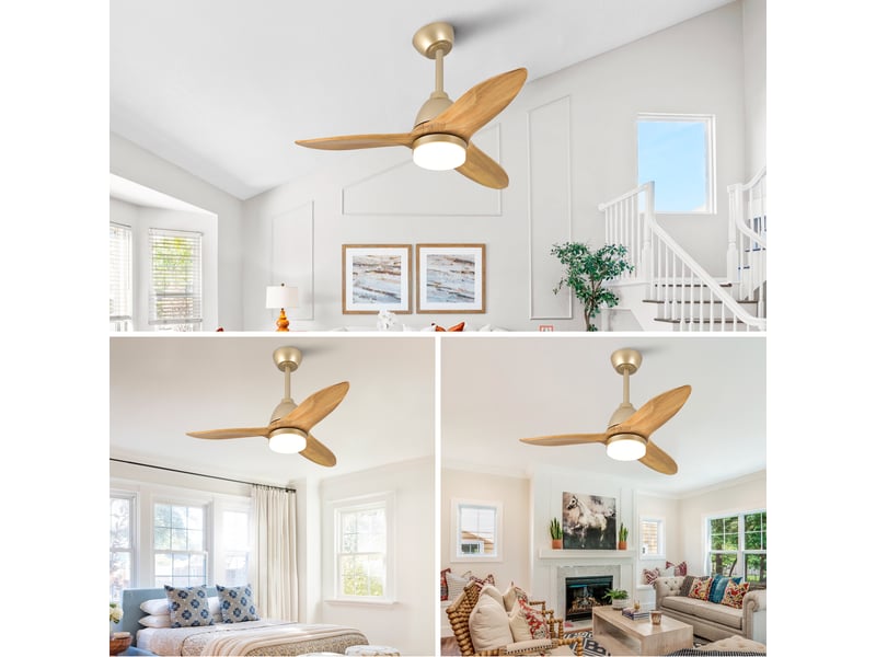 Ventilateur de plafond lumineux avec 3 pales en bois massif, moteur dc réversible, intensité réglable, chêne doré 36 pouces - Conforama C
