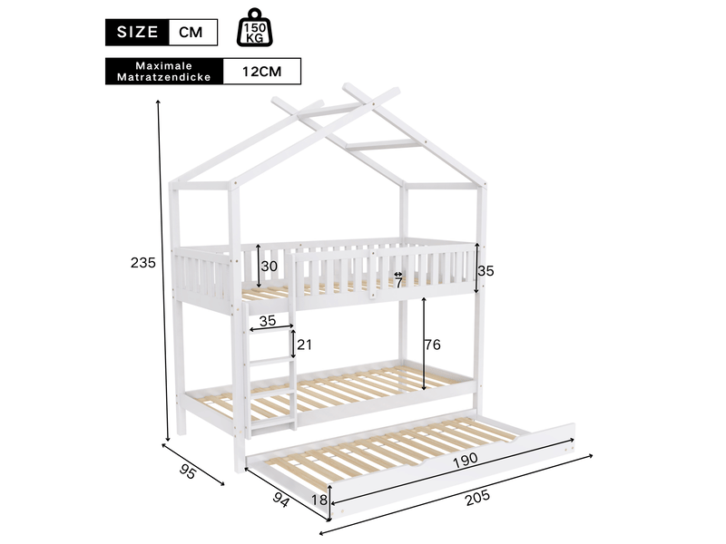  Modenvie lit cabane gigogne 90x200 cm - 3 couchages, structure en pin massif, sans matelas - blanc  - Conforama C