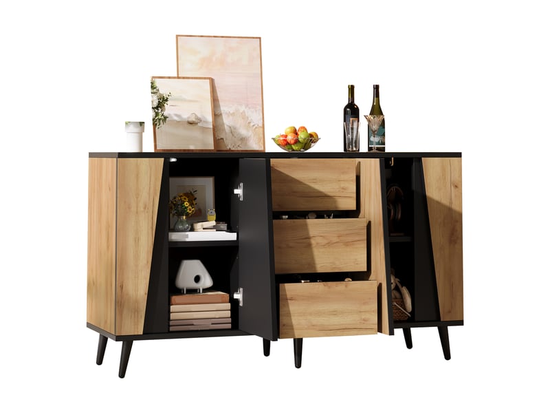 Buffet 120x40x70 cm bois naturel et noir, 2 portes, 3 tiroirs et rangements - Conforama D