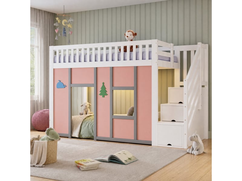  Lit mi-hauteur enfant 90 x 200 cm blanc et rose avec escalier de rangement et éclairage led  - Conforama C