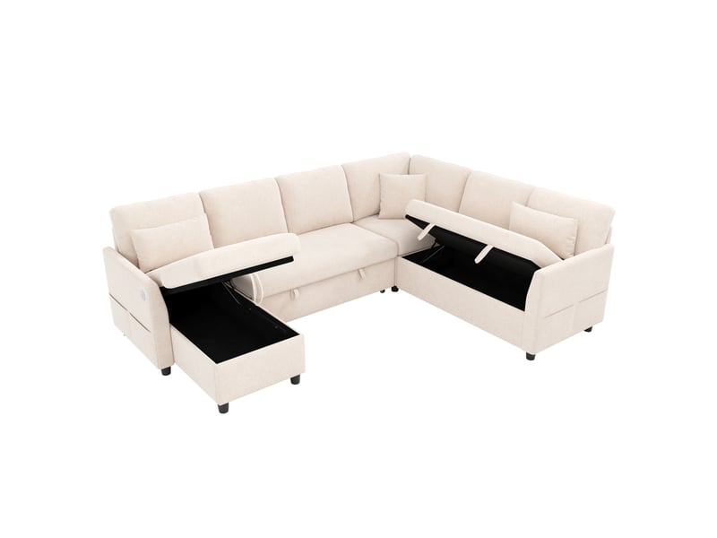  Canapé d’angle convertible 6 places avec rangement 255x196x85 cm beige  - Conforama D