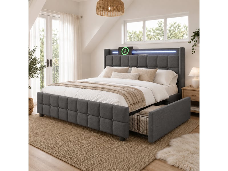  Lit double rembourré 180x200 cm, 4 tiroirs, led, 2 ports usb et 2 prises, tête de lit capitonnée, lin gris Radiant Stride - Conforama D